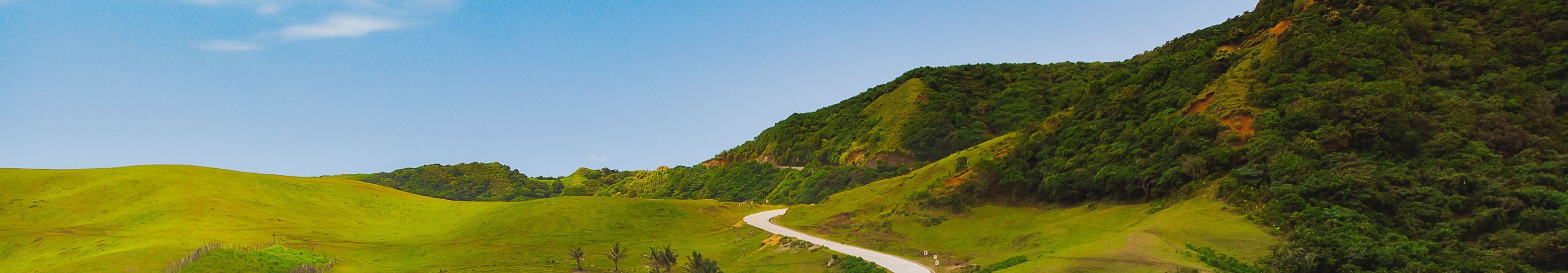 Geschwungene Stra&szlig;e f&uuml;hrt durch gr&uuml;ne H&uuml;gel und weite Landschaft mit blauem Himmel auf den abgelegenen Batanes-Inseln.