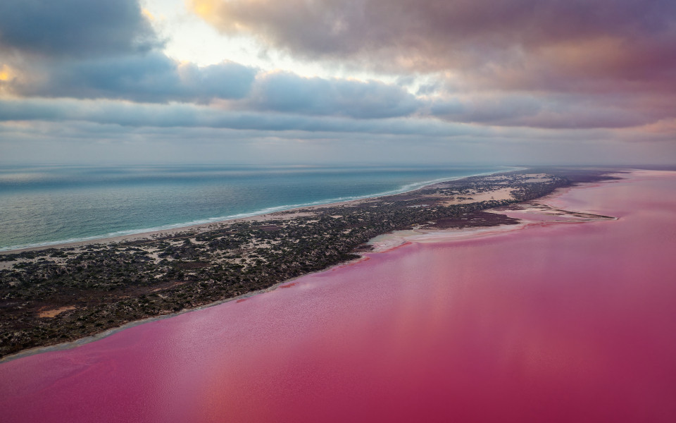 Pink Lake in Port Gregory in Westaustralien, gef&auml;rbtes Wasser durch Bakterien und Algen, sch&ouml;ner Kontrast zwischen dem blauen Ozean und rosa Wasser.