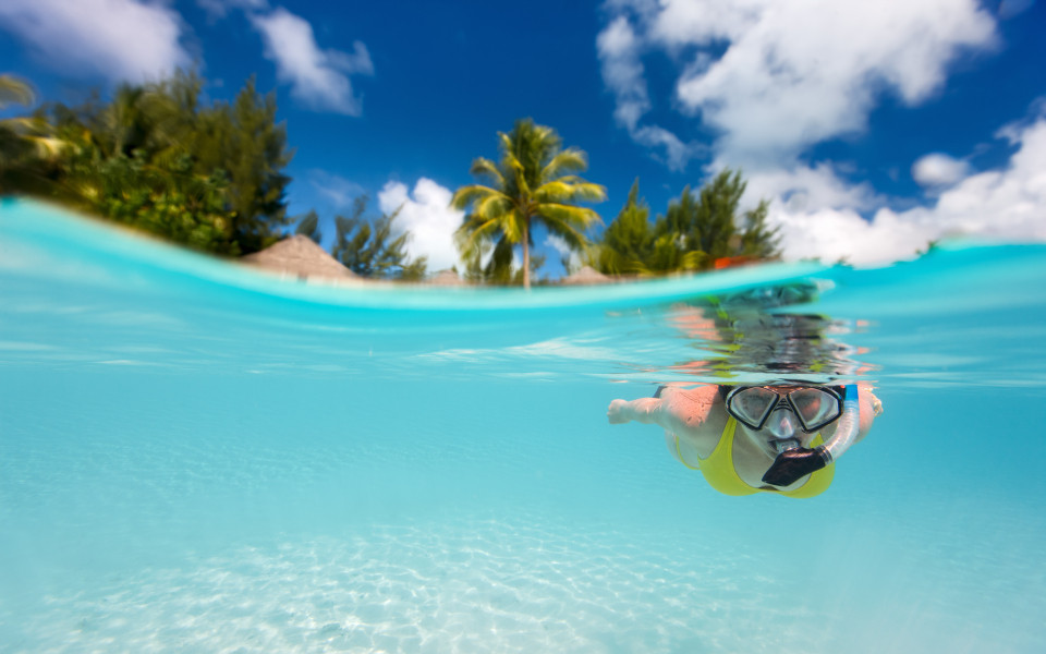Frau taucht mit einer Taucherbrille im Meer in der Karibik mit Palmen im Hintergrund