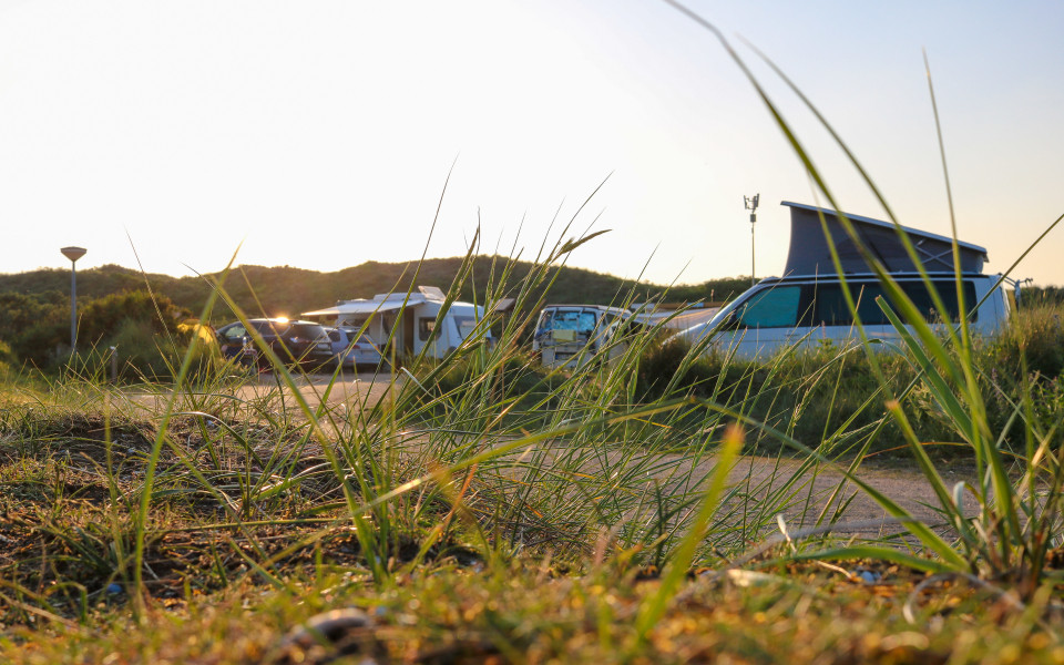 Gras w&auml;chst neben einer Stra&szlig;e, die durch einen Campingplatz in den D&uuml;nen Nordhollands f&uuml;hrt. Im Hintergrund stehen Wohnmobile, Wohnwagen und Autos auf den Campingpl&auml;tzen